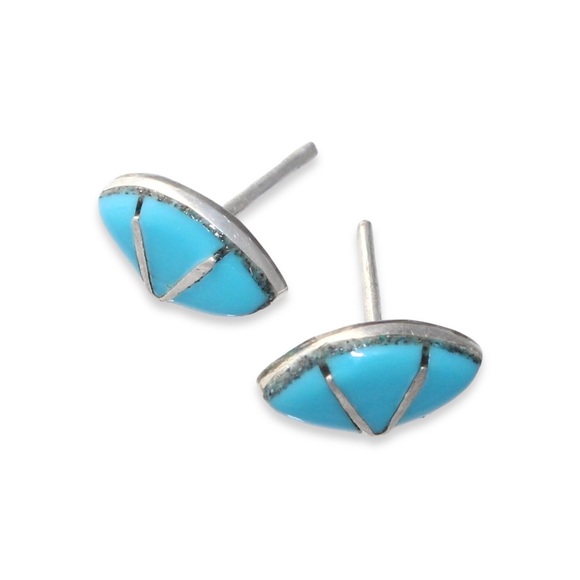 Estate Turquoise Inlay Sterling Silver Stud Earrings Zuni Native American Studs - Picture 2 of 4